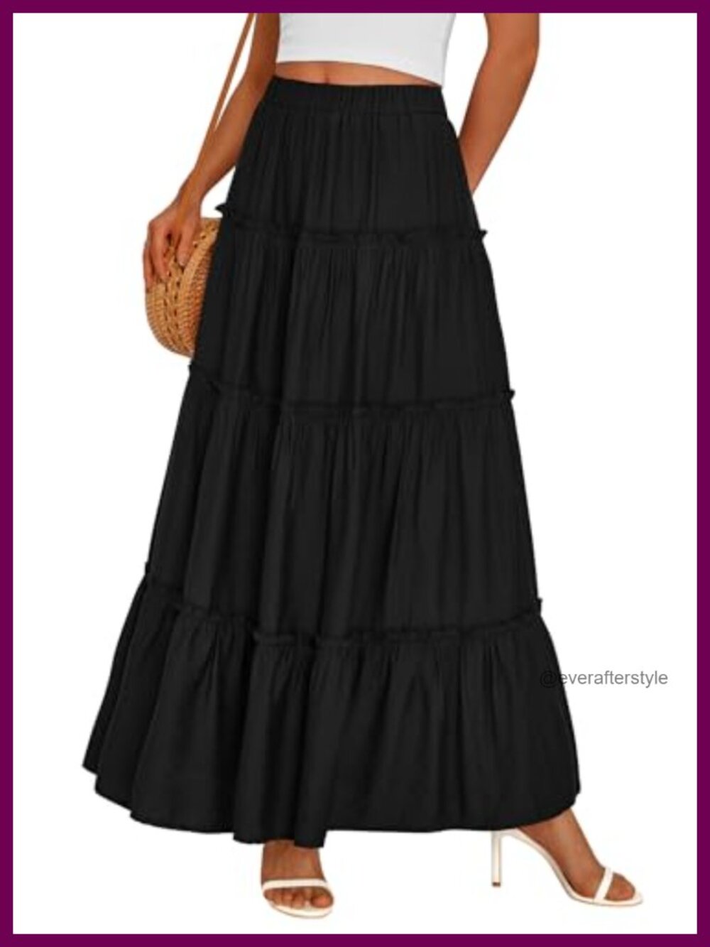 Boho Tiered Ruffle Flowy Maxi Skirt Elastic Waist Pockets